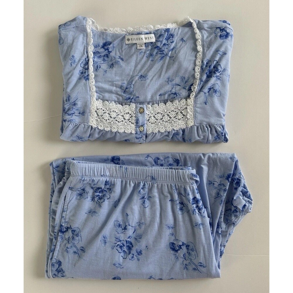 Eileen West Pretty Pansies Modal Pajama Set Size 2X Lace Shirt Capri Pants Blue